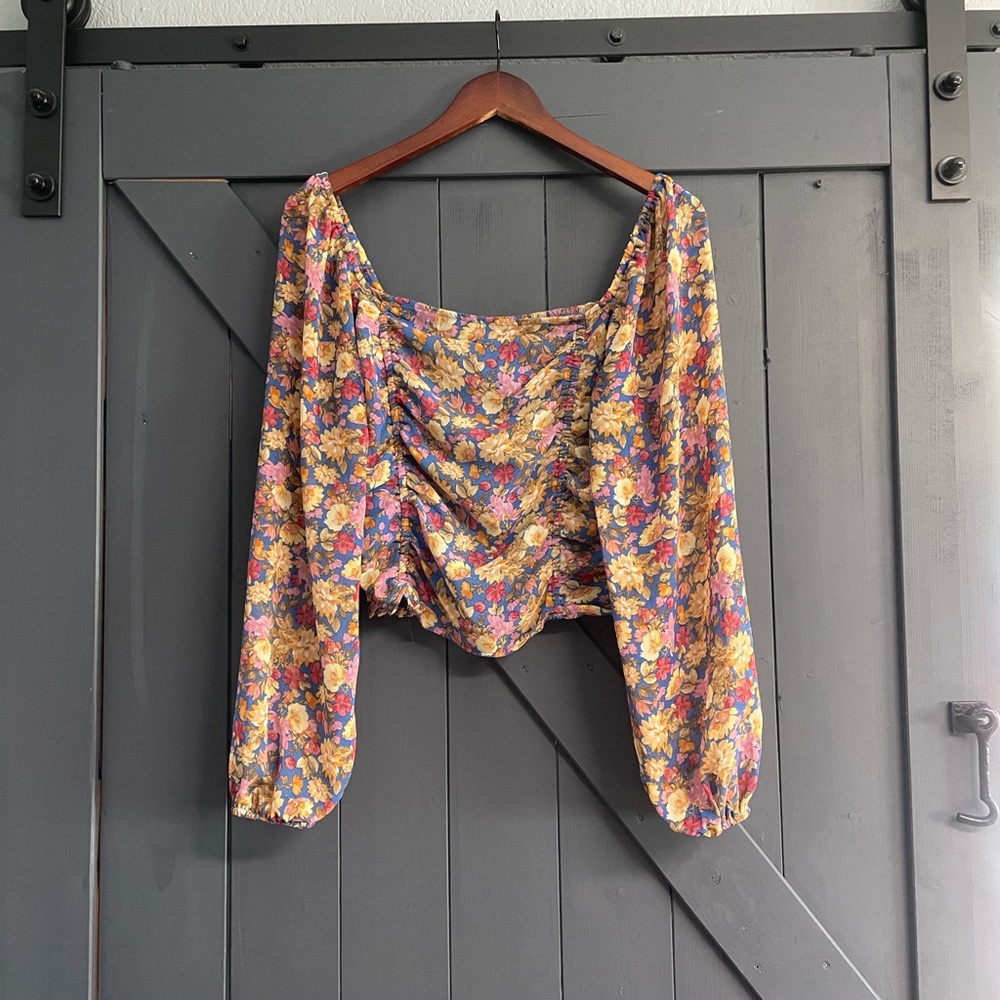 Lush Yellow Pink Blue Floral Ruched Long-Sleeve Crop Top